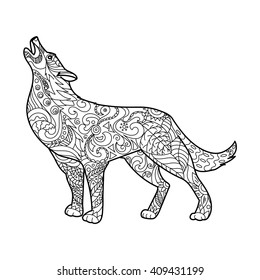 Wolf coloring book for adults vector illustration. Anti-stress coloring for adult. Zentangle style. Black and white lines. Lace pattern