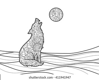 Wolf coloring book for adults vector illustration. Zentangle style. Black and white lines. Lace pattern svg
