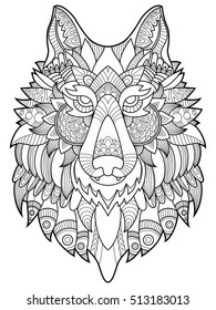 Wolf coloring book for adults vector illustration. Anti-stress coloring for adult. Tattoo stencil. Zentangle style. Black and white lines. Lace pattern svg