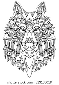 Wolf coloring book for adults vector illustration. Anti-stress coloring for adult. Tattoo stencil. Zentangle style. Black and white lines. Lace pattern