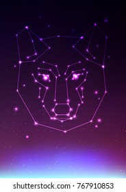 Wolf constellation vector illustration. Face of a wolf in constellations and star on cosmos with Northern Lights. Wolfs in deep dark sky with line and shiny dots and Earth light silhouette