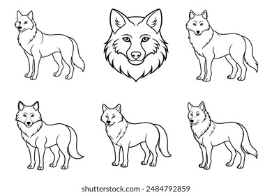 Wolf continuous line art vector illustration bundle set.