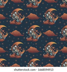 wolf and   Crescent Blood moon with cloud and star oriental Japanese style illustration doodle seamless pattern vector with night blue color tone background 