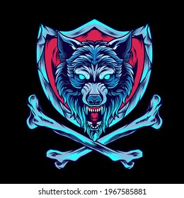 Wolf with cross bone and shield illustration full vector for your business or merchandise