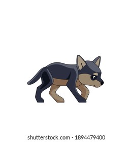 Wolf cub (Canis lupus) or timber wolf walks. Cartoon character of a dangerous mammal animal. A wild forest creature with black fur. Side view. Vector flat illustration isolated on a white background.