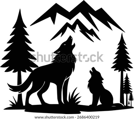 Wolf and Cub | Howling Wolves Mountain Forest Scene Cut File | Wolf Pack Clipart