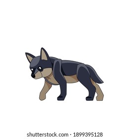 Wolf cub is looking for prey. Cartoon character of a dangerous mammal animal. A wild forest creature with dark fur. Side view. Vector flat illustration isolated on a white background.