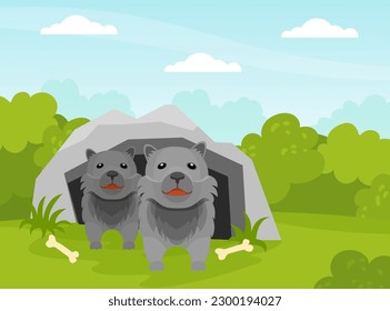 Wolf Cubs at Burrow or Cave in the Forest Vector Illustration