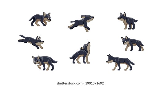 Wolf cubs wild animals set of vector illustrations. Canis lupus. The animal is a mammal. A forest creature with dark fur. Character in various poses of cartoon flat design. Vector isolated background.