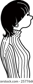 Wolf cut female profile turtleneck vector line drawing