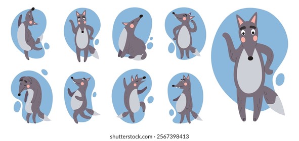 Wolf cute. Dog of forest cartoon. Child animal, happy face, running mascot. Predator in different poses. Set adorable wildlife happy character, comic design, kids icons. Vector tidy illustration