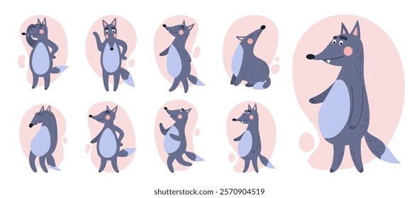 Wolf cute. Dog of forest cartoon. Child animal, happy face, running mascot. Predator in different poses. Set adorable wildlife happy character, comic design, kids icons. Vector tidy illustration