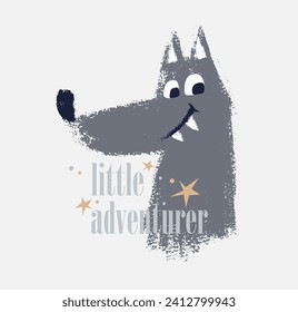 Wolf cute and funny dude t-shirt print. Forest friends kids design, wild animal nursery poster. Animals woodland baby apparel summer camp vector. Hand drawn. Slogan Little Adventurer. Travel sticker