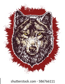 Wolf dark on red blood background vector hand draw illustration. T-shirt illustration. Poster illustration. Sticker illustration.