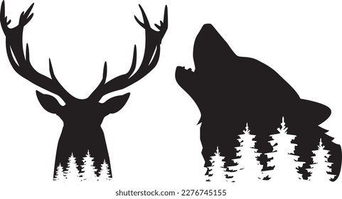 Silhouettes de lobo y ciervo con siluetas de pinos en el interior. Ilustración en blanco y negro del vector