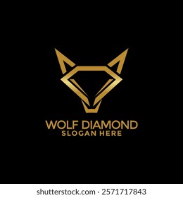 Wolf Diamond Head logo design. Luxury Modern Wolf Diamond logo vector on gold color.