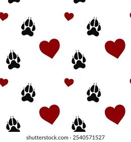 Wolf dog black paw pawprint with red heart seamless pattern in flat design on white background. Decorative endless backdrop animal tracery for fabric, textile, backdrop, wrapping paper. Vector illustr