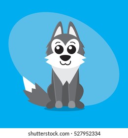 Wolf dog cartoon flat cute card on blue background