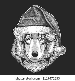 Wolf, dog Christmas, new year celebration. Santa Claus winter hat. Xmas headdress.