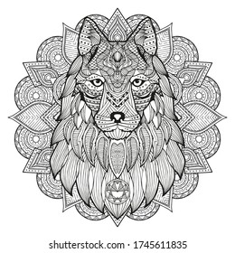 Wolf. Dog. Coloring is hand-drawn in the style of Zentangle, Doodle. Full face illustration animal's head black lines on white background. Ethnic ornaments Indian, Mexican. Vector abstract background svg
