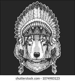 Wolf Dog Cool animal wearing native american indian headdress with feathers Boho chic style Hand drawn image for tattoo, emblem, badge, logo, patch