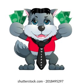 Wolf or dog giving money dollar in arm, concept wealth rich, cartoon businessman, icon for web, chat, messenger, smile face, vector.