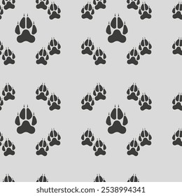 Wolf dog paw pawprint seamless pattern in flat design on gray background. Decorative endless backdrop animal tracery for fabric, textile, backdrop, wrapping paper. Vector illustration	