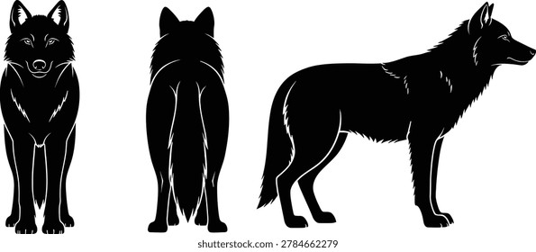 Wolf dog silhouette illustration set with front back side animal views