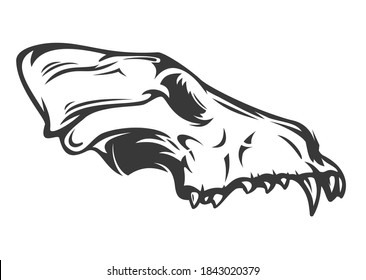 Wolf or dog skull in hand drawn monochrome style isolated on white background. Vintage cartoon vector illustration. Design element for tattoo, print, cover.