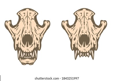 Wolf or dog skull in hand drawn color style isolated on white background. Vintage cartoon vector illustration. Design element for tattoo, print, cover.