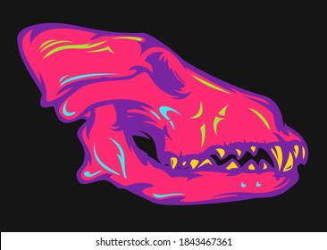 Wolf or dog skull in hand drawn color modern art style isolated on black background. Vintage cartoon vector illustration. Bright design element for tattoo, print, cover.