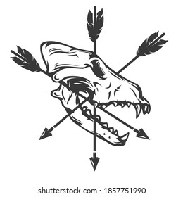 Wolf or dog skull with wood arrows in hand drawn monochrome style isolated on white background. Vintage cartoon vector illustration. Design element for tattoo, print, cover.
