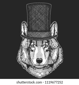 Wolf, dog. Top hat, cylinder. Hipster animal, gentleman. Classic headdress. Print for children t-shirt, kids clothing.