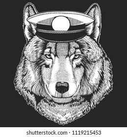 Wolf, dog Vector print for children. Capitan, pirate animal. Brave sailor. Design for kindergarten, school kids clothing, t-shirts.