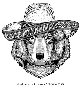 Wolf, dog wearing traditional mexican hat. Classic headdress, fiesta, party.