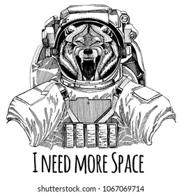 Wolf Dog Wild animal Astronaut. Space suit. Hand drawn image of lion for tattoo, t-shirt, emblem, badge, logo patch kindergarten poster children clothing