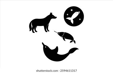 Wolf Dolphin Narwhal Black Silhouette Design