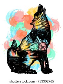 Wolf double exposure color tattoo art. Symbol tourism, travel, adventure, outdoor water color splashes 