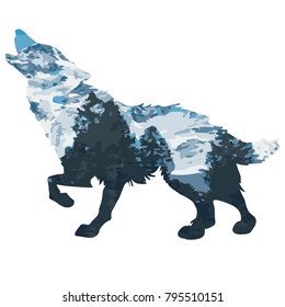 Wolf double exposure mountain landscape with fir trees