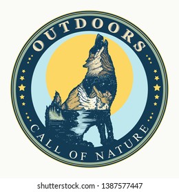 Wolf double exposure. Outdoor. Call of nature slogan. Symbol of tourism and travel 