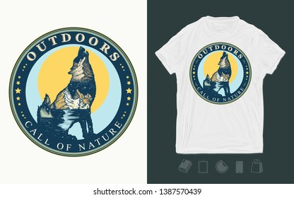 Wolf double exposure. Outdoors, call of nature slogan. Print for t-shirts and another, trendy apparel design 