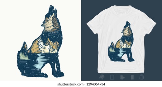 Wolf double exposure. Print for t-shirts and another, trendy apparel design. Symbol tourism, travel, adventure, outdoor  