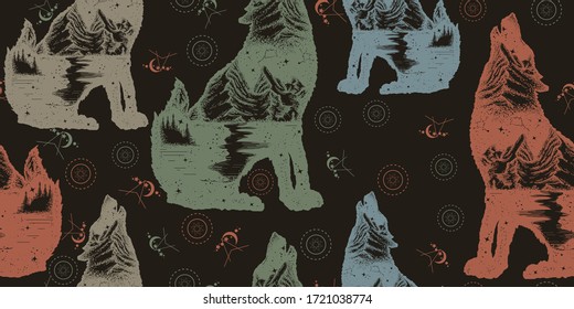 Wolf double exposure. Seamless pattern. Packing old paper, scrapbooking style. Vintage background. Medieval manuscript, engraving art. Symbol tourism, travel, adventure, outdoor 