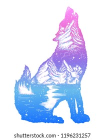 Wolf double exposure tattoo art. Symbol tourism, travel, adventure, outdoor 