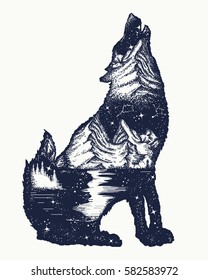 Wolf double exposure tattoo art. Symbol tourism, travel, adventure, outdoor. Wolf howls t-shirt design