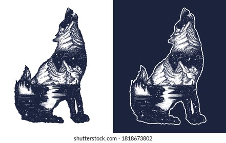 Wolf double exposure tattoo and t-shirt design. Symbol tourism, travel, adventure, outdoor. Black and white vector graphics 