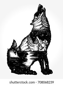 Wolf Doppelexposition Tattoo und T-Shirt Design. Symboltourismus, Reisen, Abenteuer, Outdoor