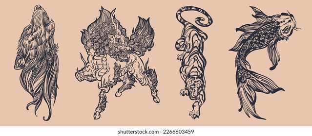 wolf, dragon, fish, tiger, flowers, peonies, buds, leaves, branches, wreath, crown, graphics, strokes, on a beige background, silhouette, lines, in the style of tattoo graphics. t-shirt print graphic 