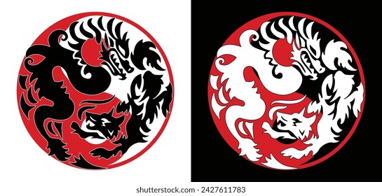 Wolf and dragon ying yang vector illustration. Ying Yang tshirt design. Nordic wolf dragon illustration. 