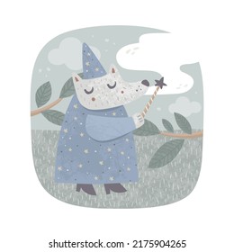 The wolf is dressed in the clothes of a wizard. Cloak, pointed hat, magic wand. The sorcerer in the forest. Trees, grass, sky with clouds. Background with round edges. Print design for nursery.